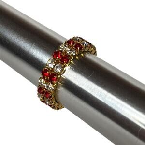 Gold Tone Red Clear Rhinestone Stretch Ring Expandable Band Statement Ring